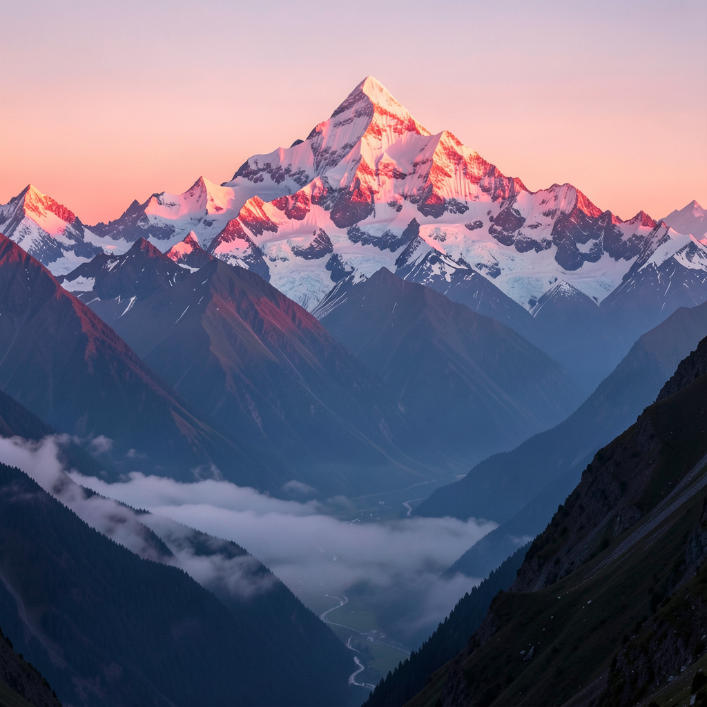 AI image preview: Himalayas at sunrise — snow peaks over a misty valley